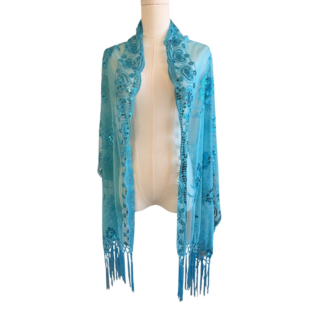 Y2K Fashion Scarf Turquoise Sequin Mesh Shawl Fringe Fairycore Wrap Vintage